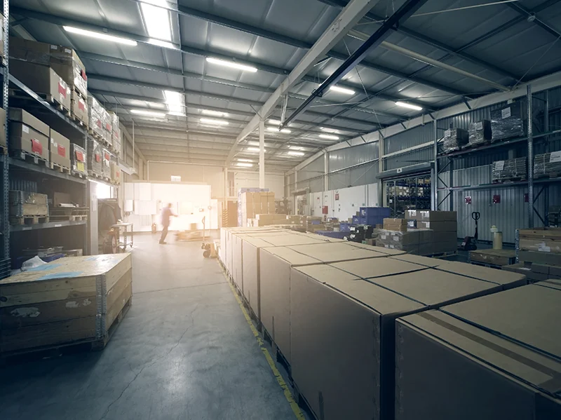 Mock warehouse with pallet racks and staged inventory