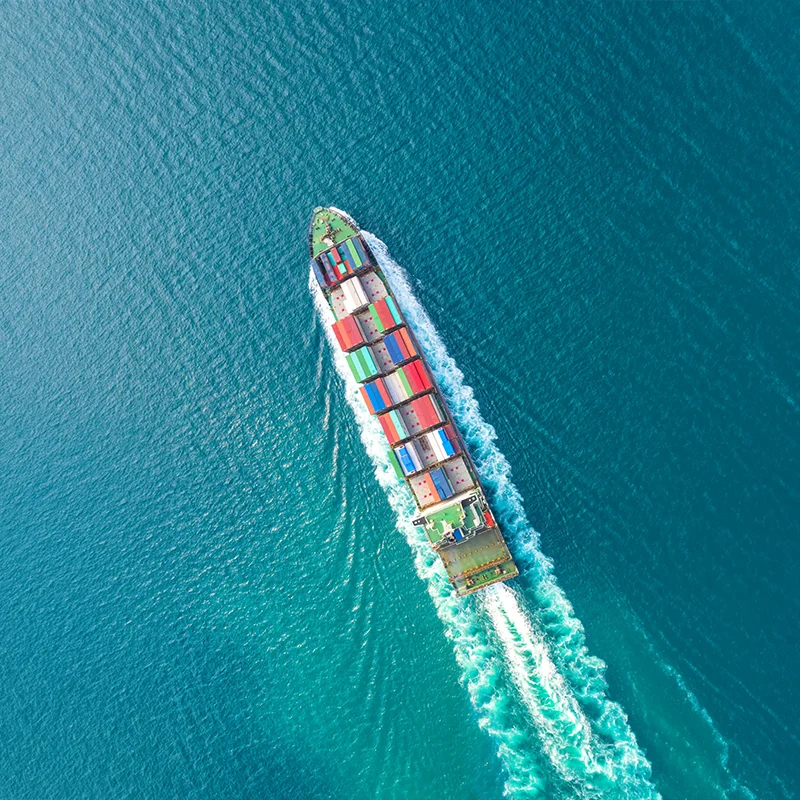 Aerial view of a container ship at sea representing the Maritime & Freight Forwarding Society
