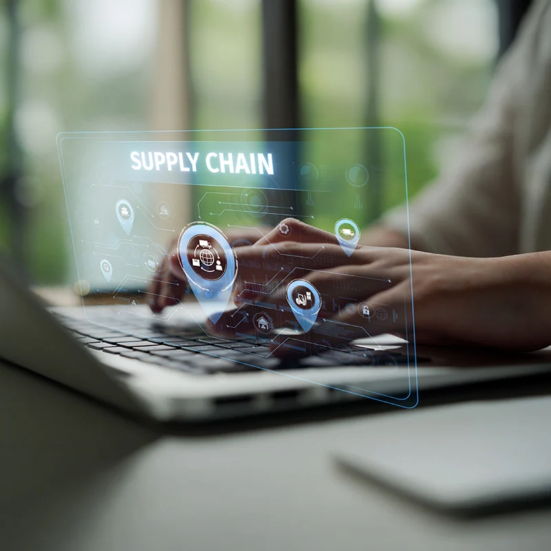 Digital supply chain interface projected over a laptop keyboard