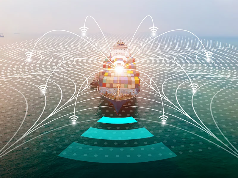 Container ship with digital connectivity overlays symbolising maritime policy research